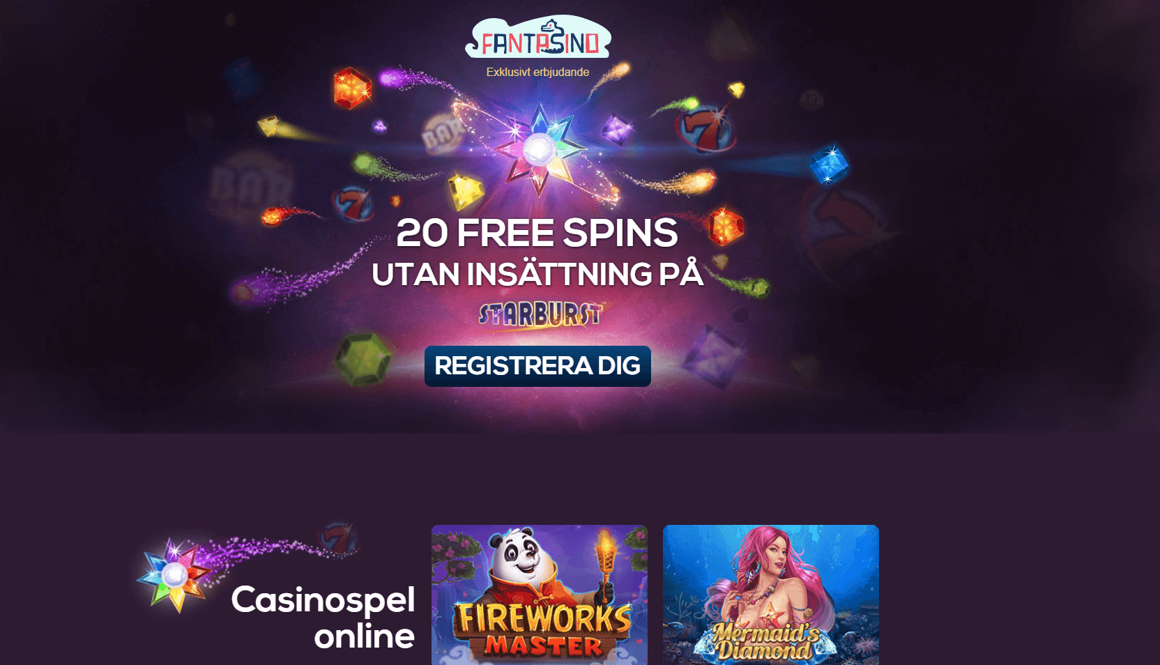 Helsköna nätcasinot Fantasino erbjuder 20 freespins utan insättning!